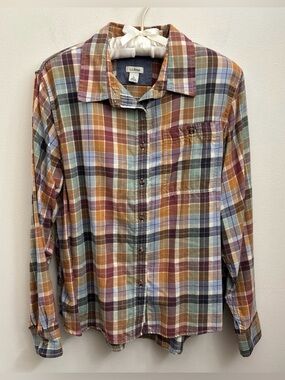 L.L. Bean Multicolor Plaid Button-Down Shirt — Orange, Rust, Blue, Green